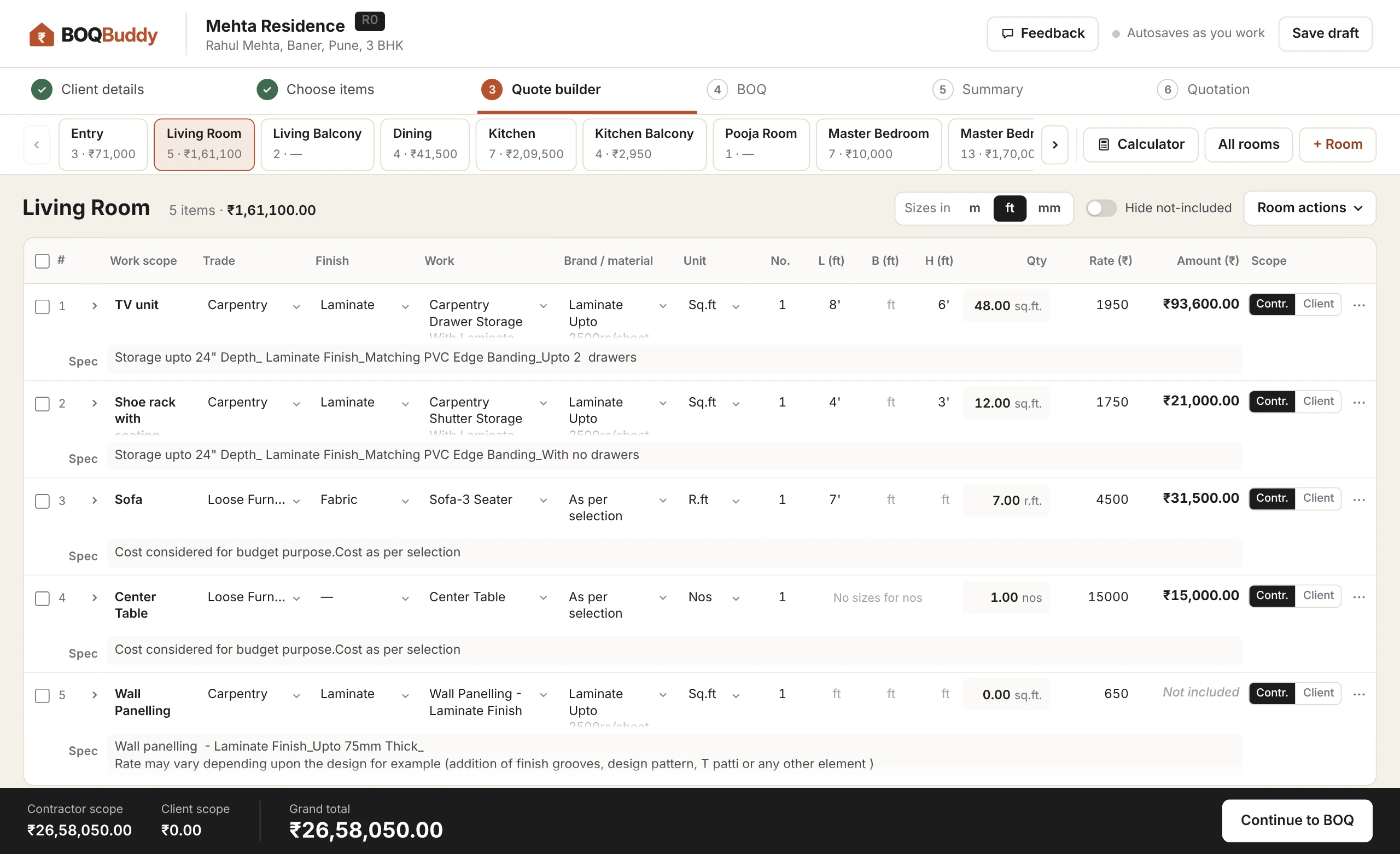 The BOQBuddy Quote Builder: Living Room of a 3 BHK in Baner, Pune, with sizes in feet and amounts per item